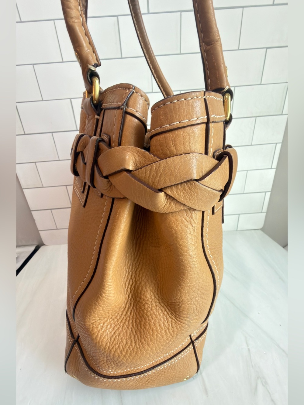 COACH VINTAGE HAMPTON PEBBLED LEATHER SHOULDER BAG BRAIDED ACCENTS Tan - Picture 6 of 14